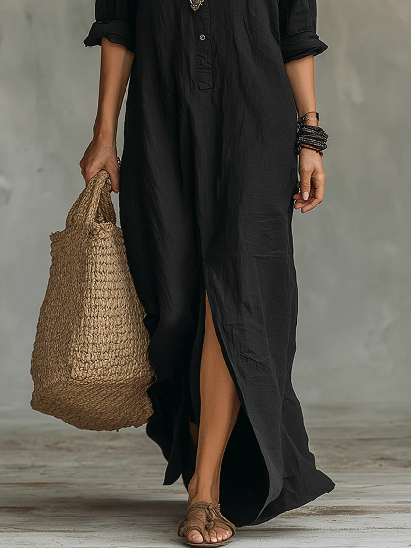 Vestido Maxi Camisero Negro Holgado con Botonadura Frontal
