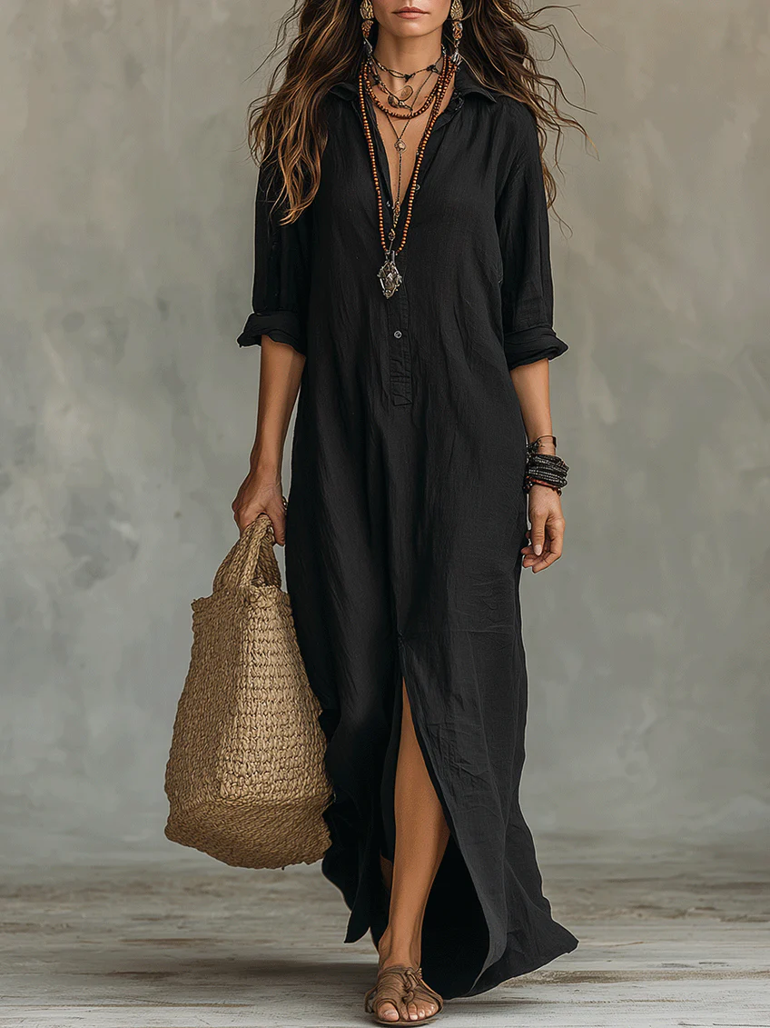 Vestido Maxi Camisero Negro Holgado con Botonadura Frontal