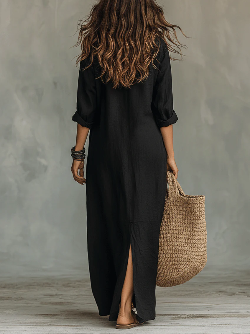 Vestido Maxi Camisero Negro Holgado con Botonadura Frontal