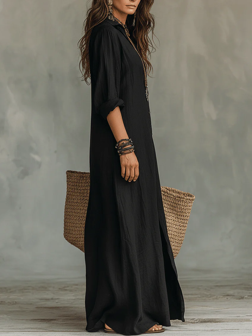 Vestido Maxi Camisero Negro Holgado con Botonadura Frontal