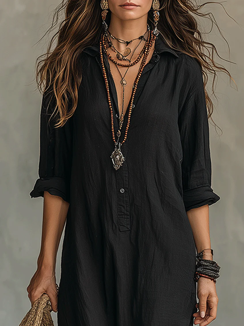 Vestido Maxi Camisero Negro Holgado con Botonadura Frontal