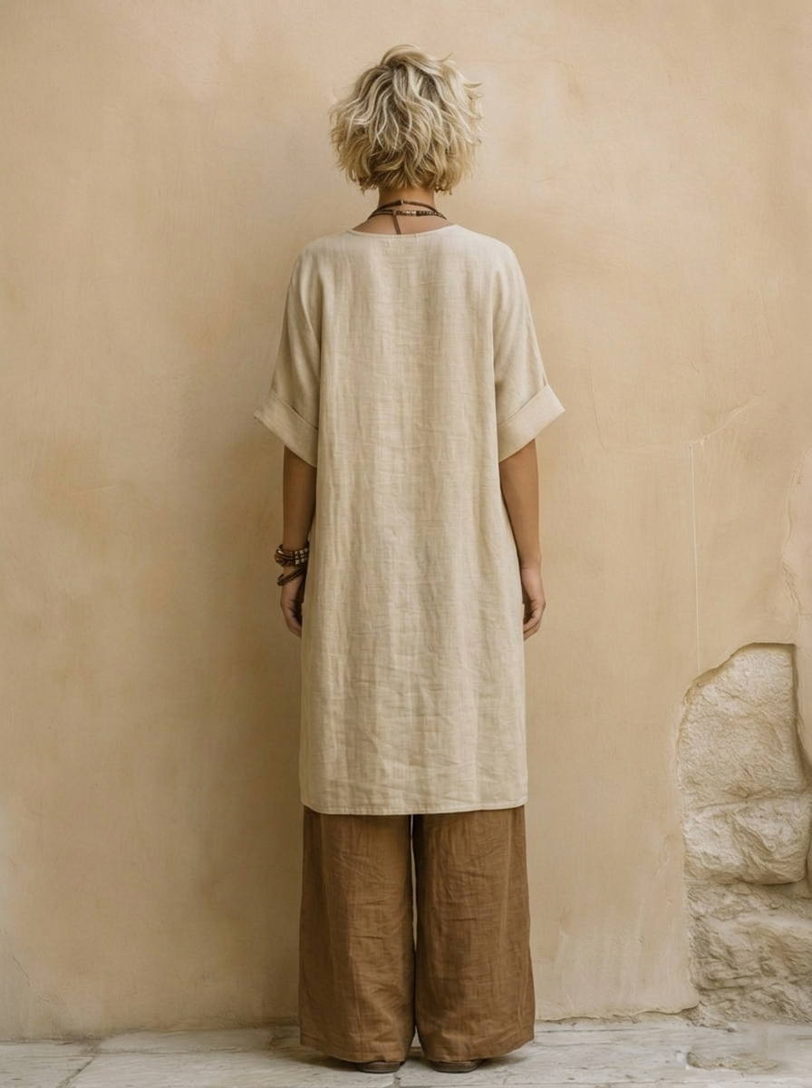 Giulia - Conjunto Bohemio Nómada de Tres Piezas en Gris Oscuro y Marrón con Estampado Tribal