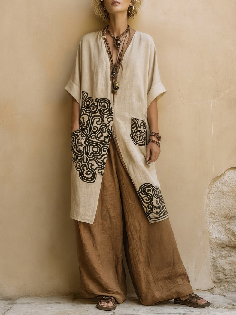Giulia - Conjunto Bohemio Nómada de Tres Piezas en Gris Oscuro y Marrón con Estampado Tribal