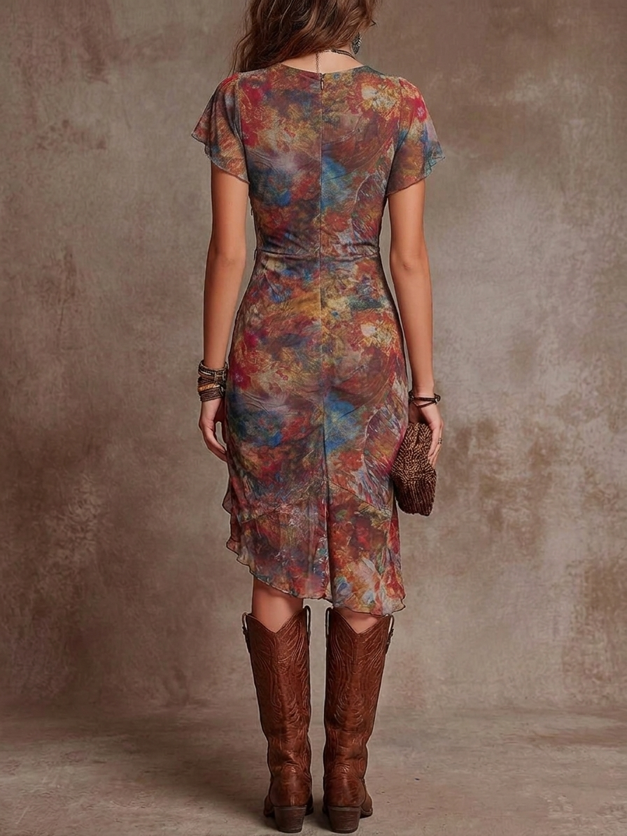 Vestido Midi Plisado Bohemio con Estampado de Arte Abstracto y Cuello en V