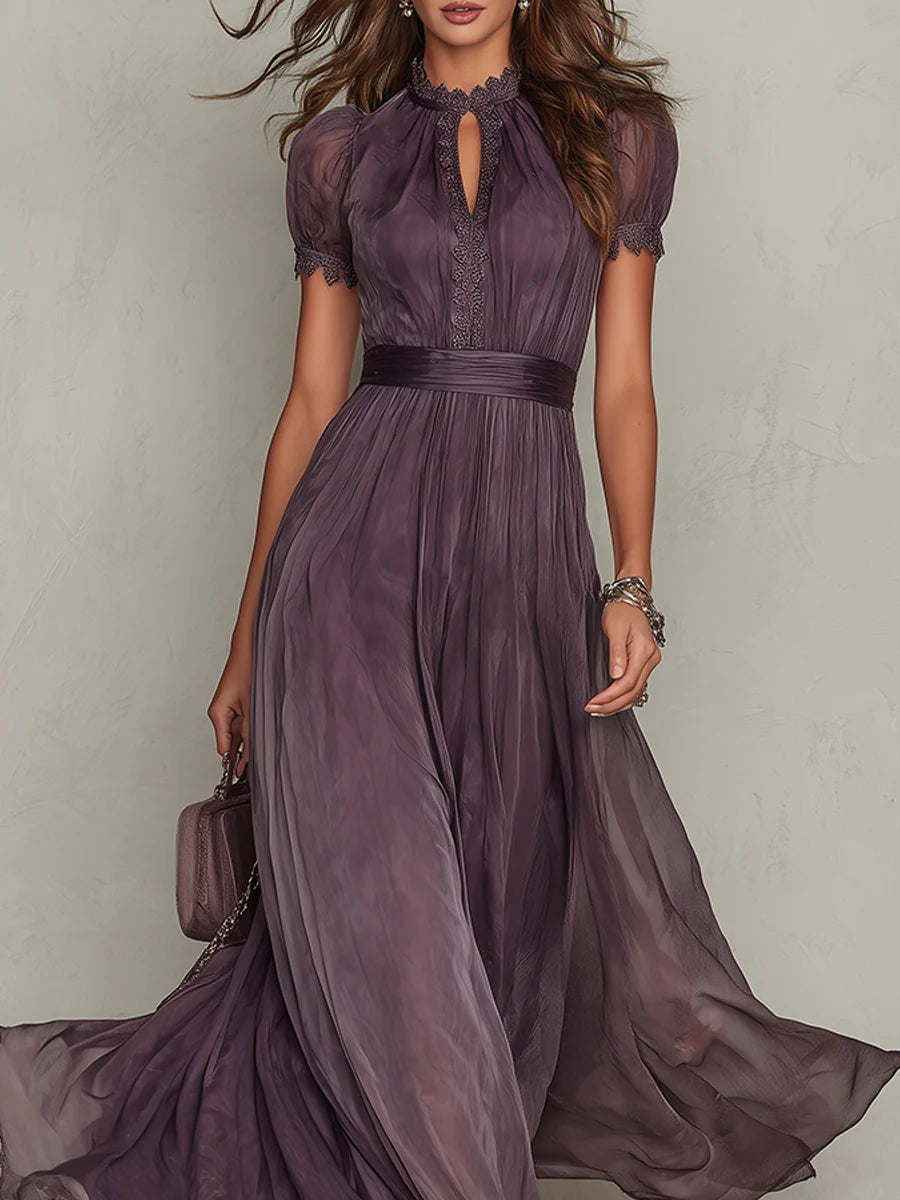 Vestido Maxi de Chiffon Morado con Escote de Ojo de Cerradura y Encaje