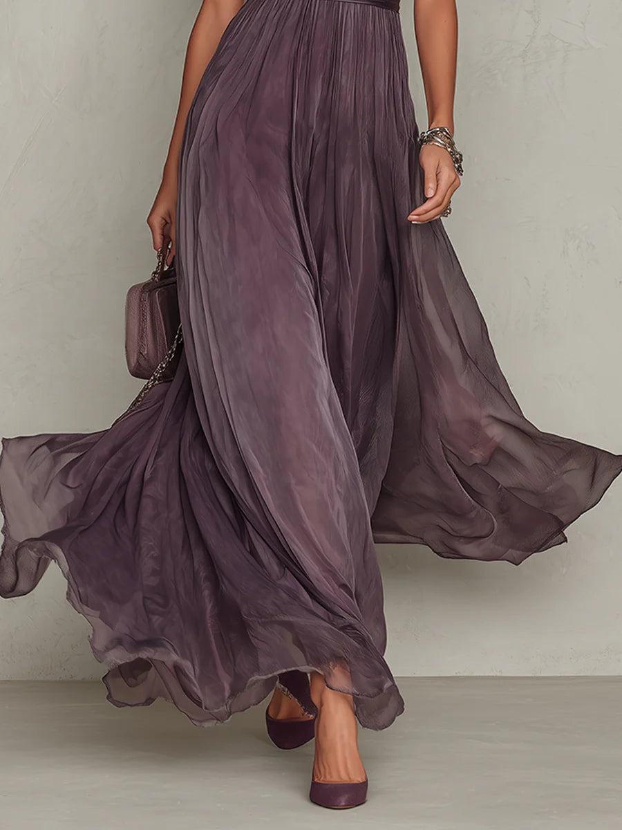 Vestido Maxi de Chiffon Morado con Escote de Ojo de Cerradura y Encaje