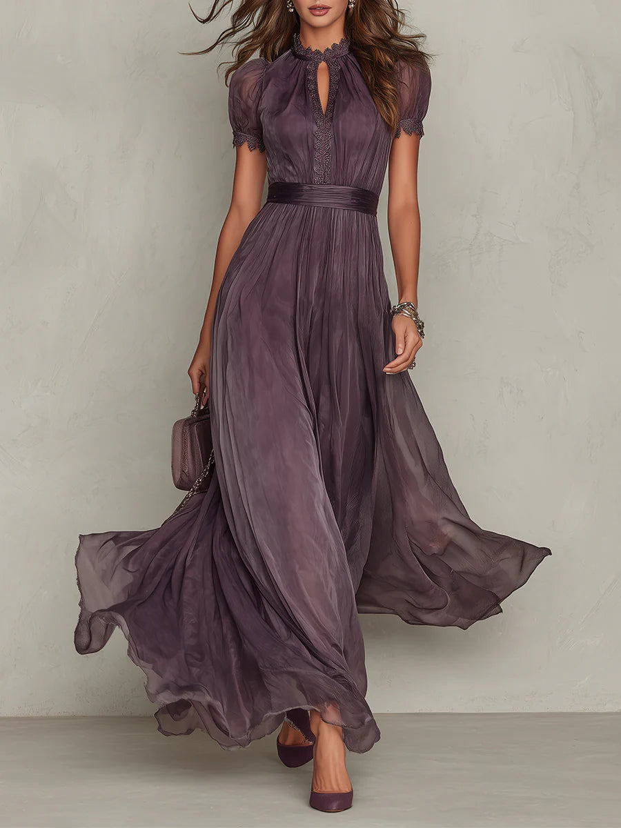 Vestido Maxi de Chiffon Morado con Escote de Ojo de Cerradura y Encaje