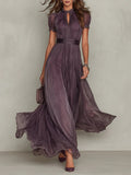 Vestido Maxi de Chiffon Morado con Escote de Ojo de Cerradura y Encaje