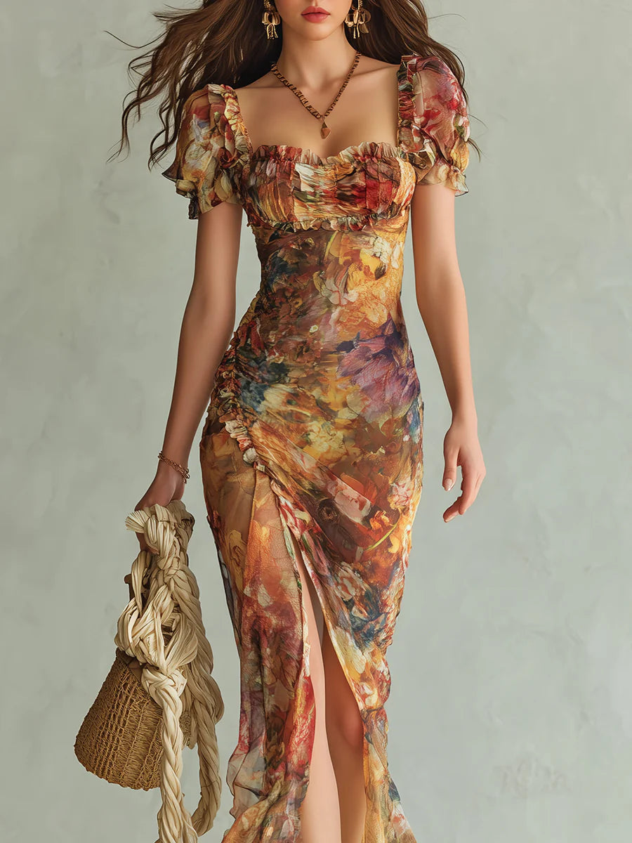 Viola | Vestido largo de gasa naranja con estampado de pintura al óleo de estilo bohemio