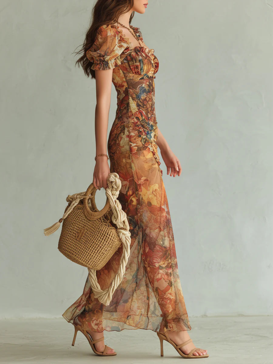 Viola | Vestido largo de gasa naranja con estampado de pintura al óleo de estilo bohemio