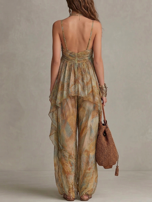 Conjunto de Camisola de Chiffon Caqui con Volantes y Pantalón de Pierna Ancha
