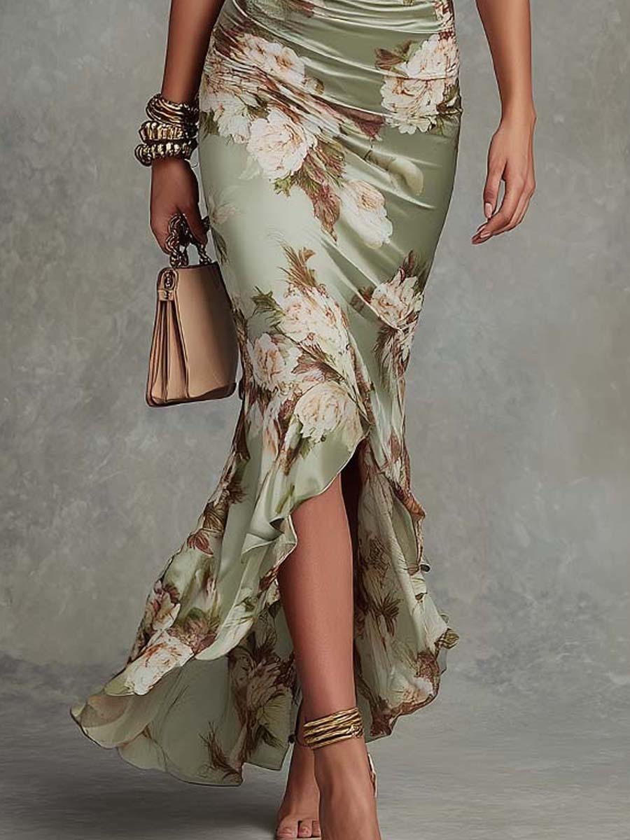 Anna - Vestido largo asimétrico de satén verde con escote en V, mangas abullonadas acampanadas y estampado floral