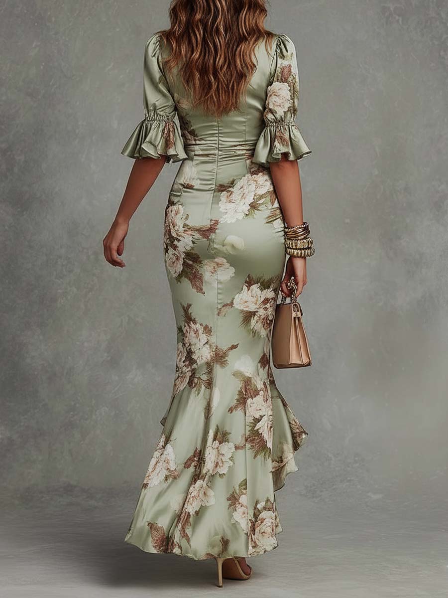 Anna - Vestido largo asimétrico de satén verde con escote en V, mangas abullonadas acampanadas y estampado floral