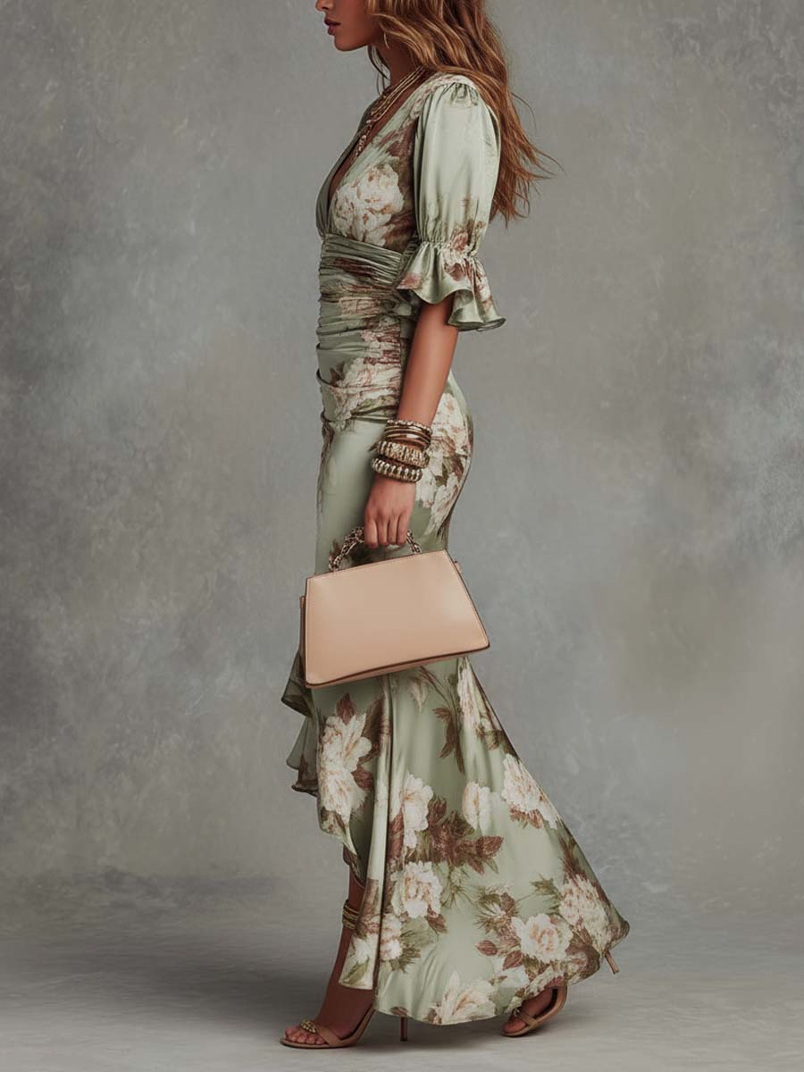 Anna - Vestido largo asimétrico de satén verde con escote en V, mangas abullonadas acampanadas y estampado floral