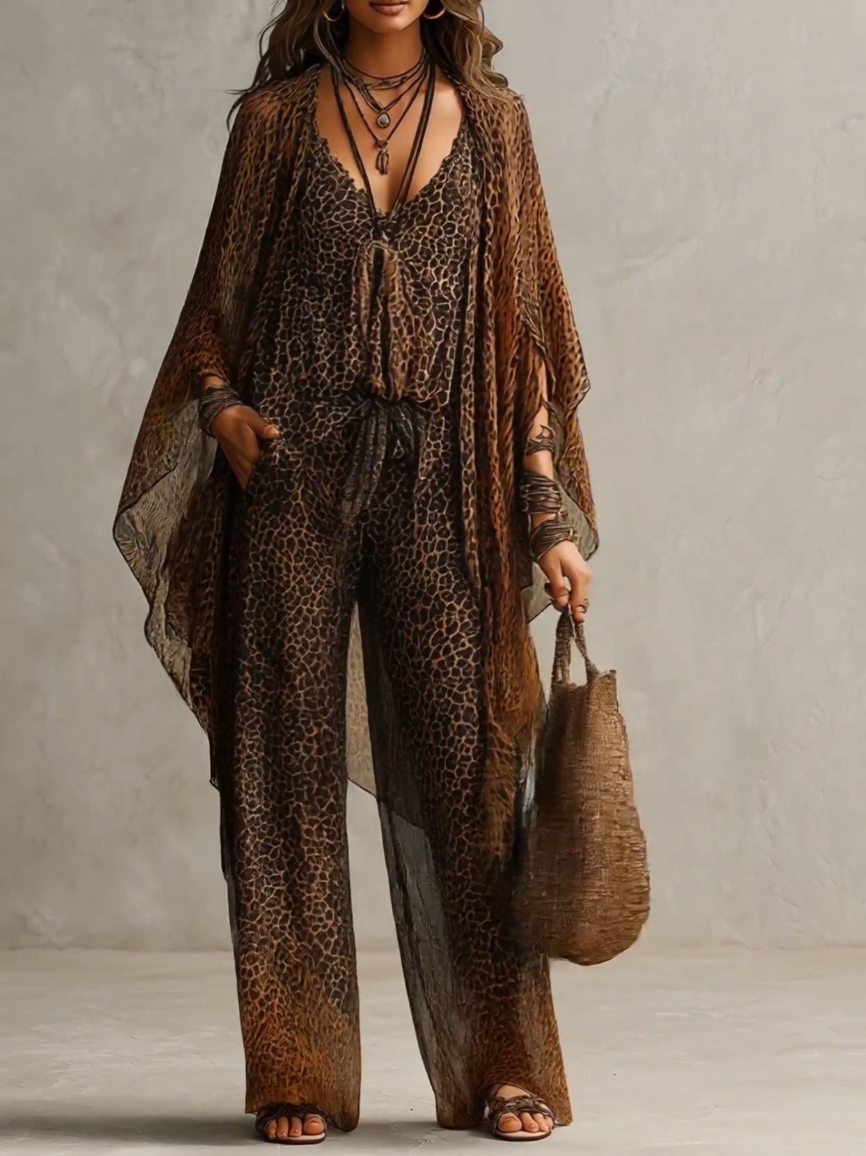 Conjunto Boho de Tres Piezas con Estampado de Leopardo Degradado y Bata Fluida