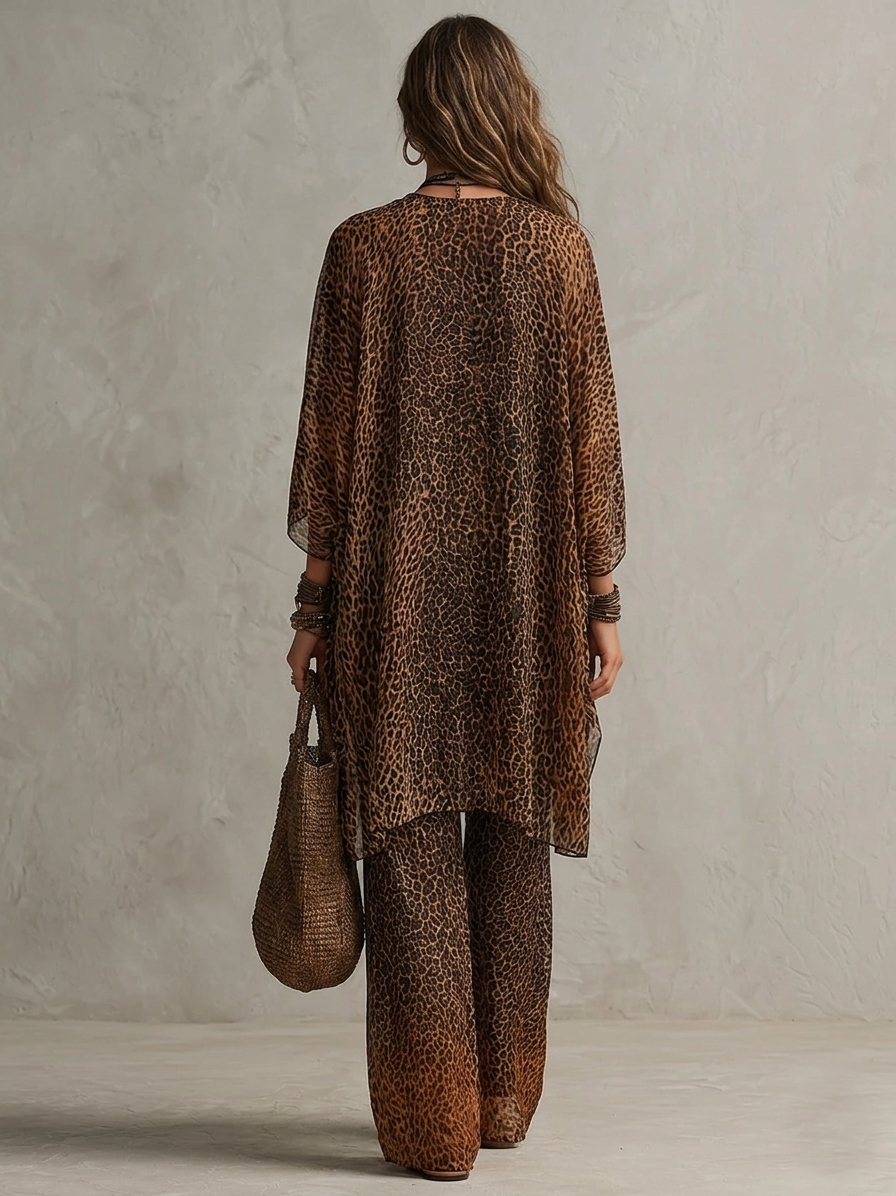Conjunto Boho de Tres Piezas con Estampado de Leopardo Degradado y Bata Fluida