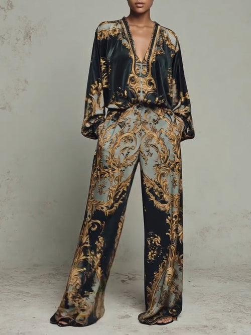 Conjunto Casual Barroco con Estampado Floral y Pantalón de Pierna Ancha