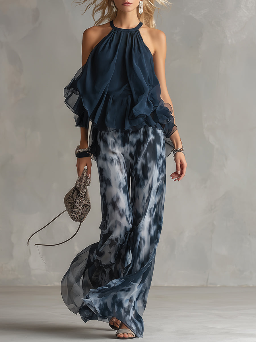Ludovica | Conjunto de top halter azul marino elegante y pantalón ancho estampado