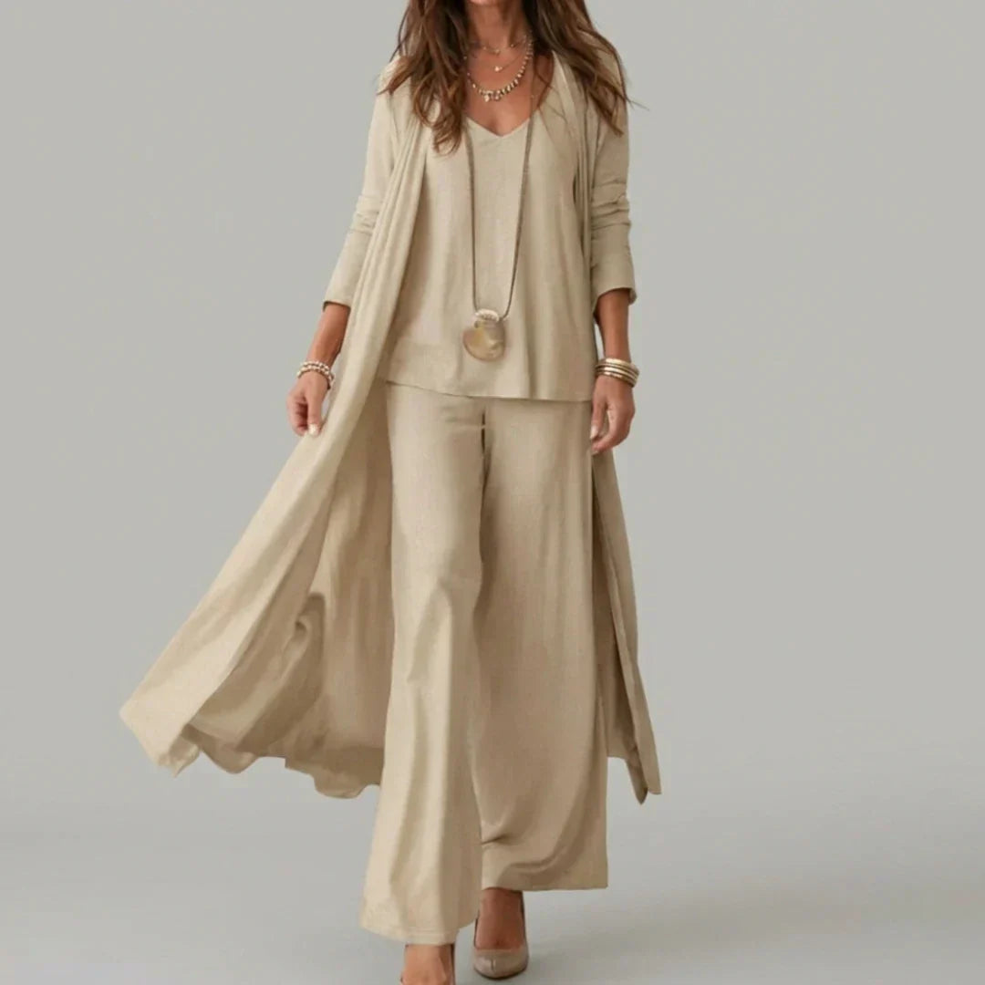 Raquel | Conjunto Suave de Tres Piezas con Túnica y Pantalón Ancho