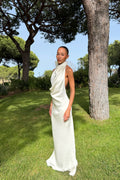 VESTIDO LONGO CHAMPANHE GOLA DRAPEADA COSTAS ABERTAS