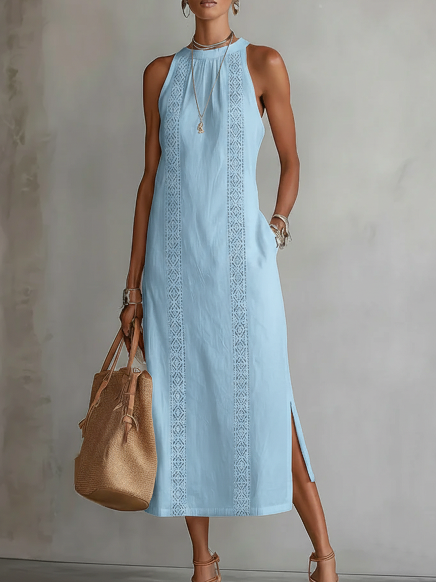 Jimena | Vestido midi relajado con cuello mandarín bordado