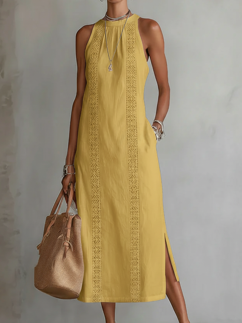 Jimena | Vestido midi relajado con cuello mandarín bordado