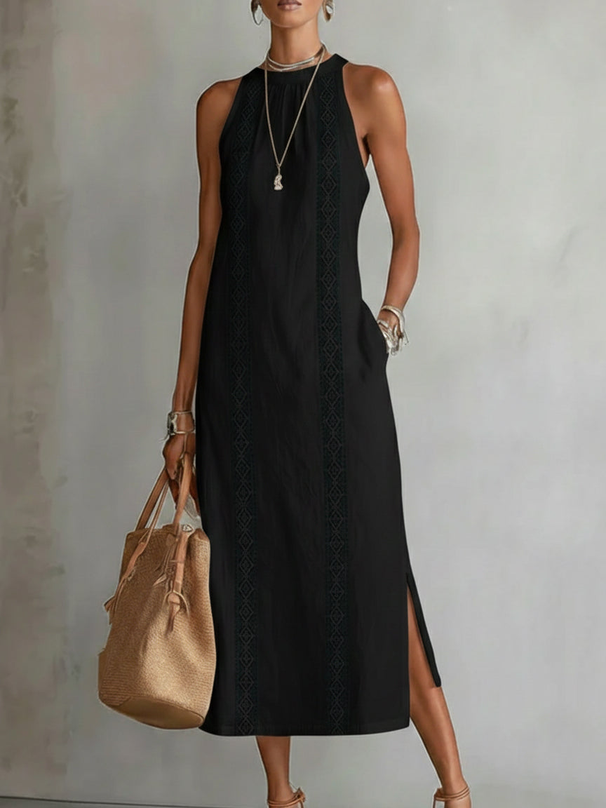 Jimena | Vestido midi relajado con cuello mandarín bordado
